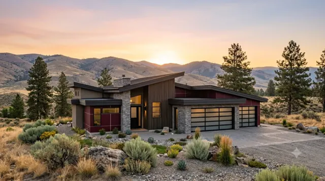 Modern hillside home at sunset