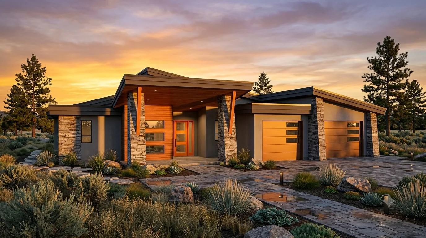 Custom home concept rendering at dusk with timber entry