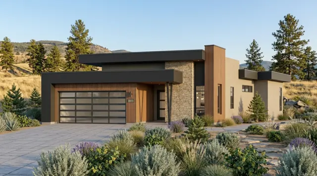 Ridgeline — flat-roof home with stone and dark siding
