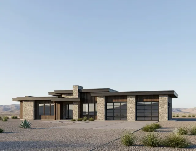 Stonecourt — stone and wood home, daylight elevation