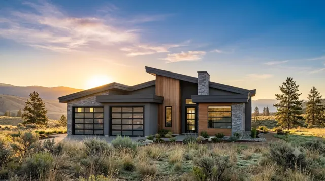 Ranch-style home in golden light