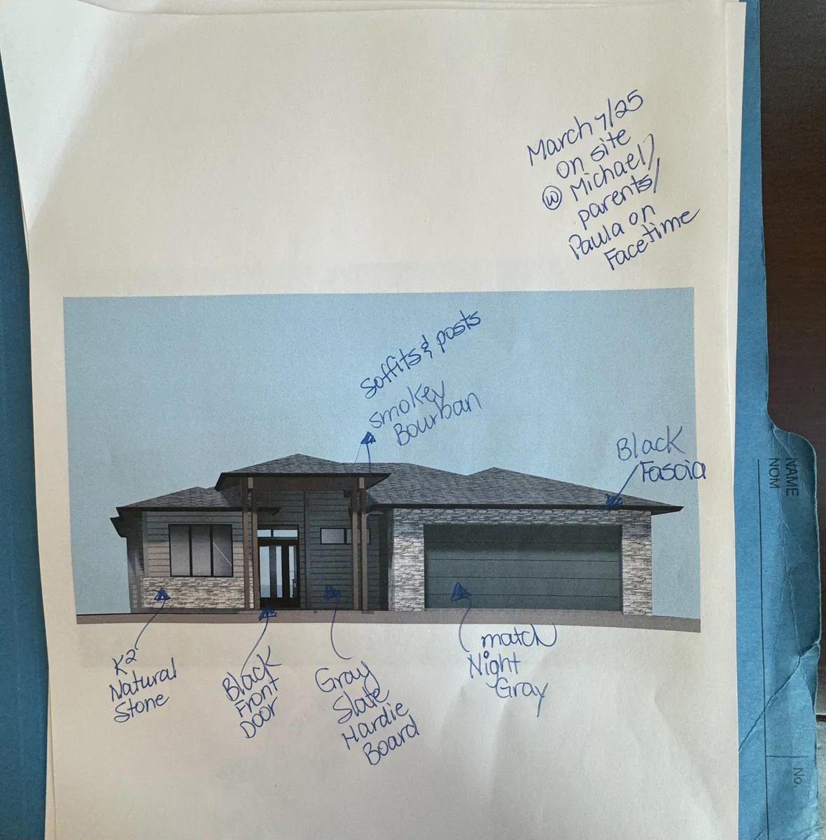 Front elevation printout with handwritten client change notes