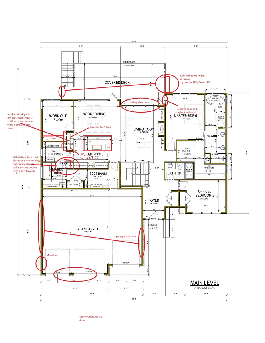 Main floor plan with revision markups