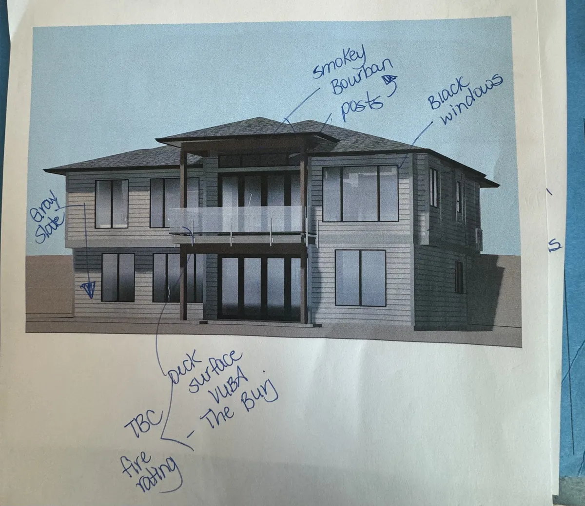 Rear elevation with handwritten changes